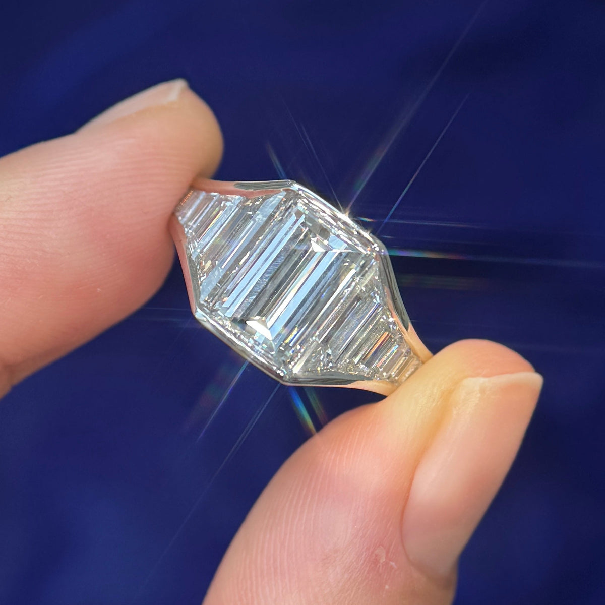 950 Platinum with 9ctw Custom-cut Baguette Lab Diamond center with Baguettes Channel-set into the band all the way around Custom Ring, size 6.75