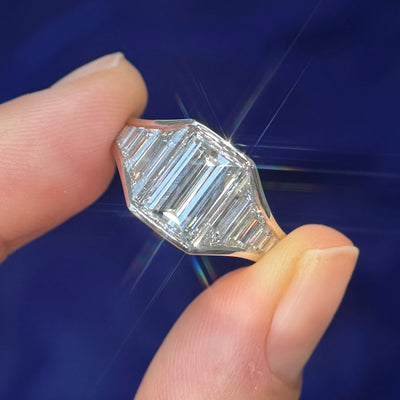 950 Platinum with 9ctw Custom-cut Baguette Lab Diamond center with Baguettes Channel-set into the band all the way around Custom Ring, size 6.75