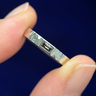 950 Platinum Horizontally-Flash-set 4x2mm Baguette Salt and Pepper Diamond on Custom 3mm Industrial Hammered Band, Size 5.25