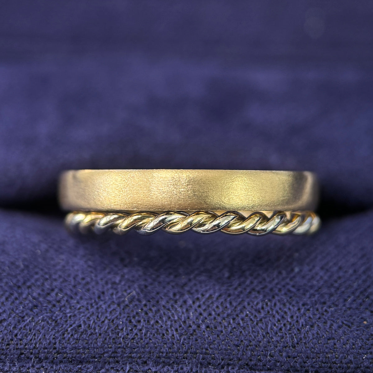 14k Yellow Gold & 950 Platinum wire Twisted into 2mm Custom Band and Mix Matte Band 3.0mm, size 6.5 