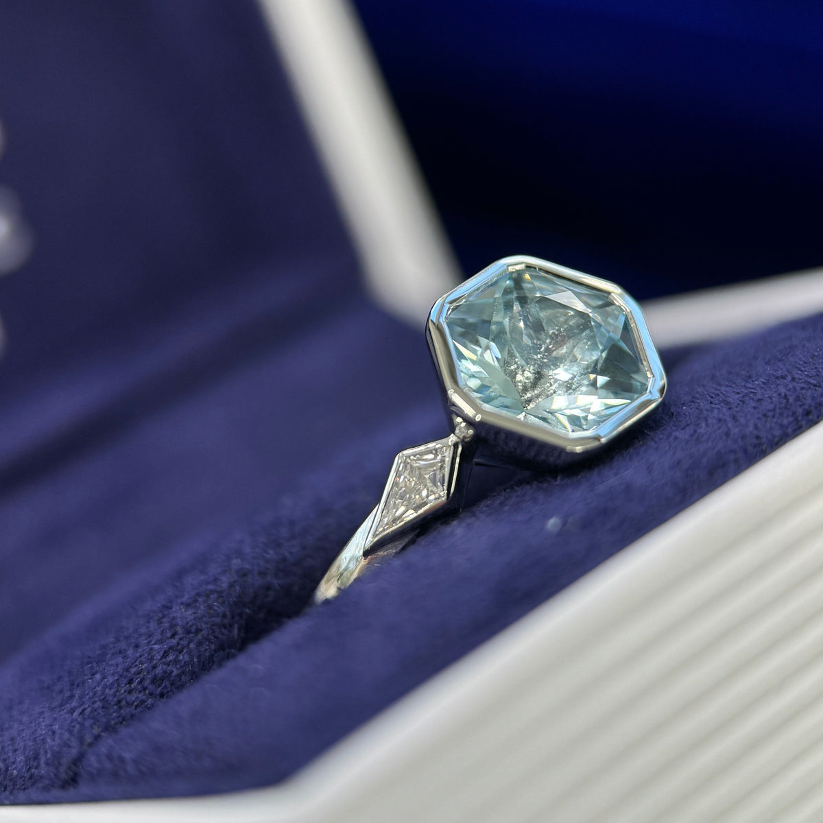 950 Platinum Double-claw-prongs-set Customer’s Hexagon Sapphire w/ 2 Triangle Lab Diamonds on 3mm Band Custom Ring