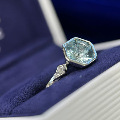 950 Platinum Double-claw-prongs-set Customer’s Hexagon Sapphire w/ 2 Triangle Lab Diamonds on 3mm Band Custom Ring