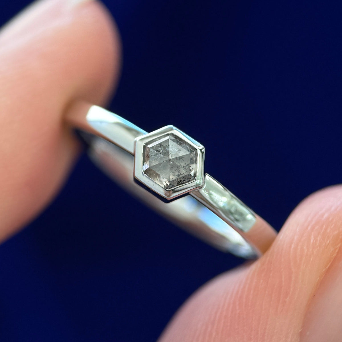 950 Platinum Bezel-set 4mm Hexagon Salt and Pepper Diamond on 2mm Mix Mirror Band Custom Ring, Size 5.25