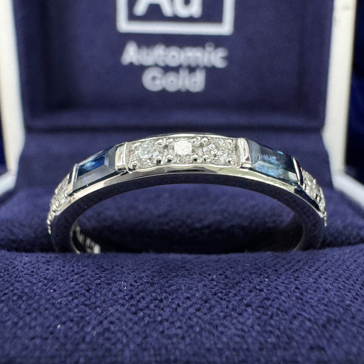 950 Platinum & 2mm Round Natural Diamonds & 2x4mm Baguette Natural Sapphires Half-way-around Custom Ring
