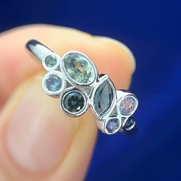 950 Platinum with 0.62ct Green-blue-purple Sapphires Custom Cluster Ring, size 6