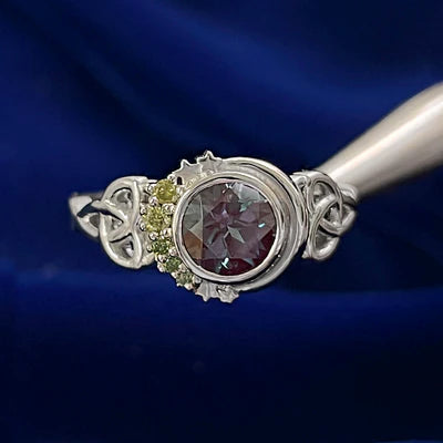 950 Platinum Round 7mm Lab Alexandrite with Green Diamonds and Stars Trinity Knot Custom Cluster Ring