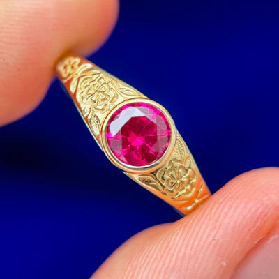14k Yellow Gold Bezel Set 6mm Round Lab Ruby on Poppy Flower Filigree Engraved Custom Band Size 10