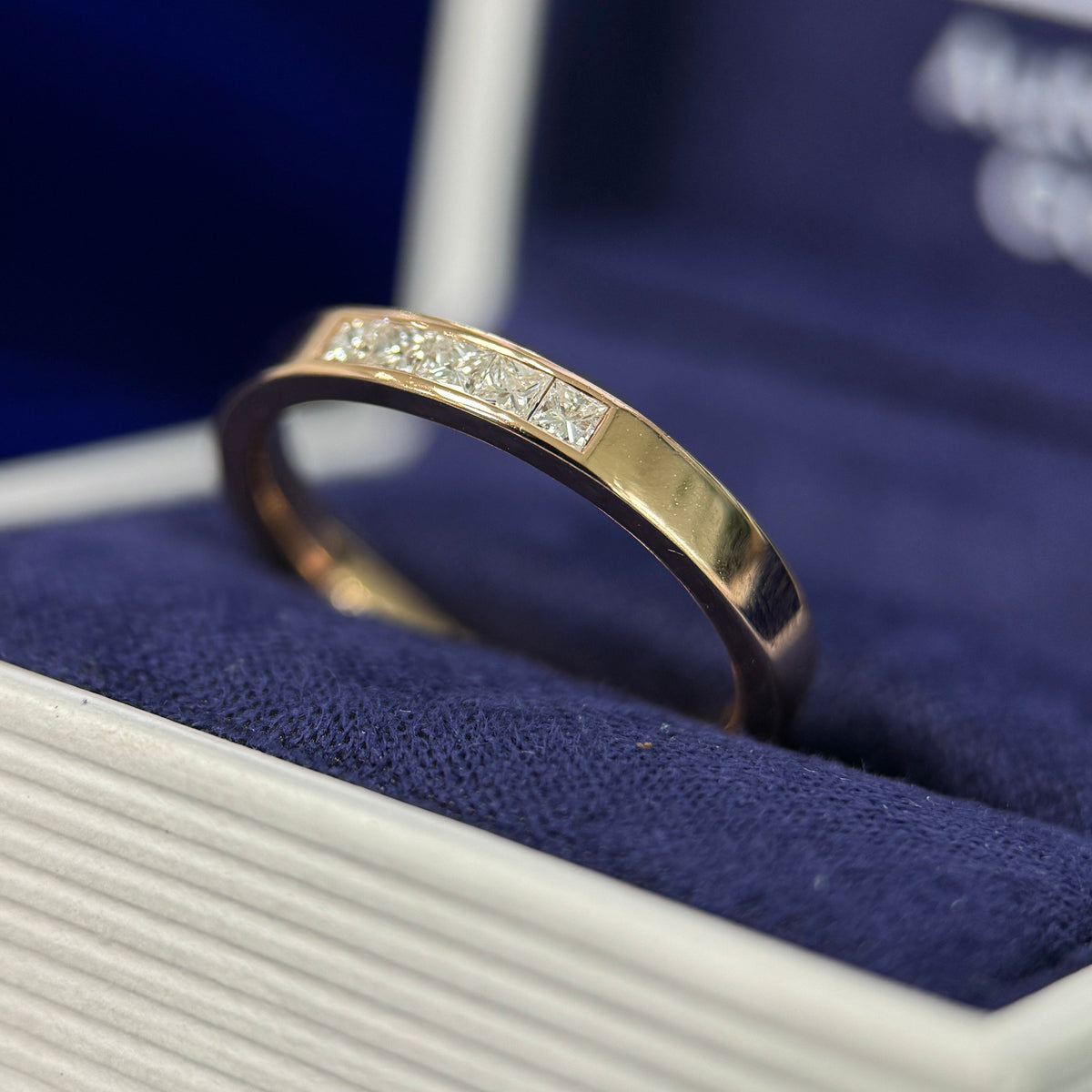 14k Rose Gold and Customer Heirloom 5pc 1.8-2mm Princess Diamonds Reset into 3mm width 2mm height Industrial Mirror Band Custom Ring, size 7.5