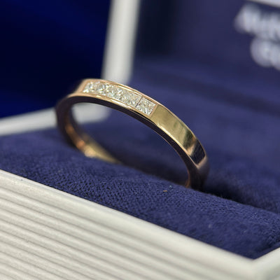 14k Rose Gold and Customer Heirloom 5pc 1.8-2mm Princess Diamonds Reset into 3mm width 2mm height Industrial Mirror Band Custom Ring, size 7.5