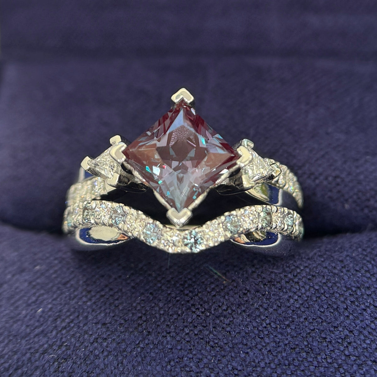 950 Platinum and 6.5mm Princess-cut Lab Alexandrite with 3mm Triangle Lab Diamonds and One Strand Pave Lab Diamond Custom Ring and 1.5mm Round Half Lab Diamond and Half Lab Alexandrite Pave Set half-way Around Band, Custom Nesting Band, Both in Size 5.5