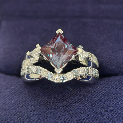 950 Platinum and 6.5mm Princess-cut Lab Alexandrite with 3mm Triangle Lab Diamonds and One Strand Pave Lab Diamond Custom Ring and 1.5mm Round Half Lab Diamond and Half Lab Alexandrite Pave Set half-way Around Band, Custom Nesting Band, Both in Size 5.5