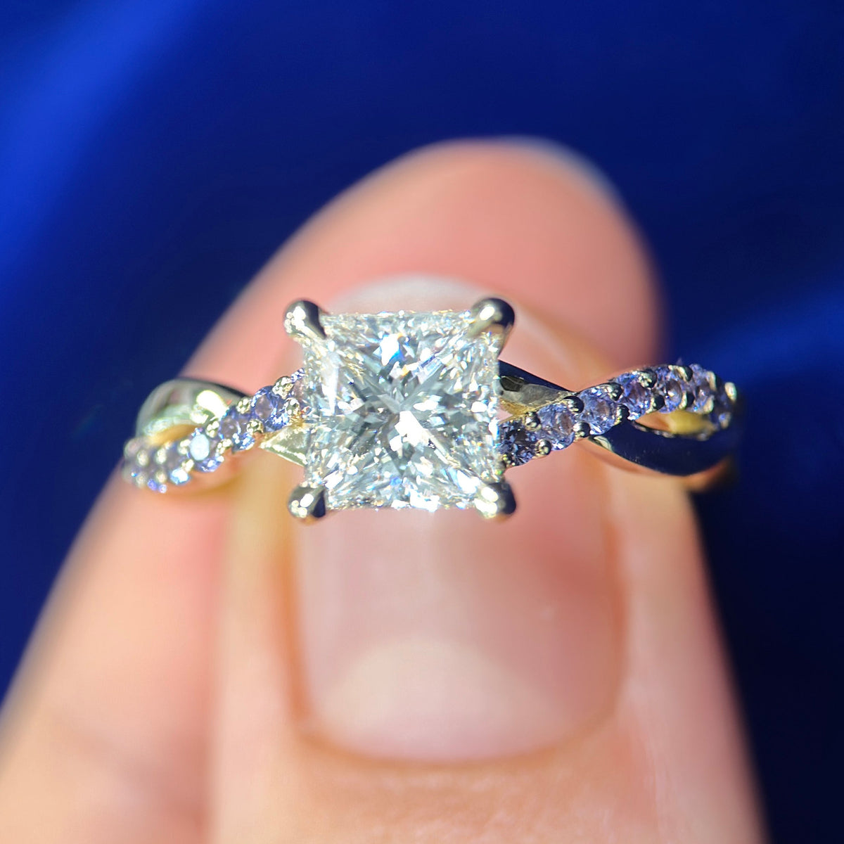 14k Yellow Gold and Set-above-band 1.08ct G/VS1 GIA Princess Natural Diamond on Twisted Band with Purple Sapphires Custom Ring, size 5.5