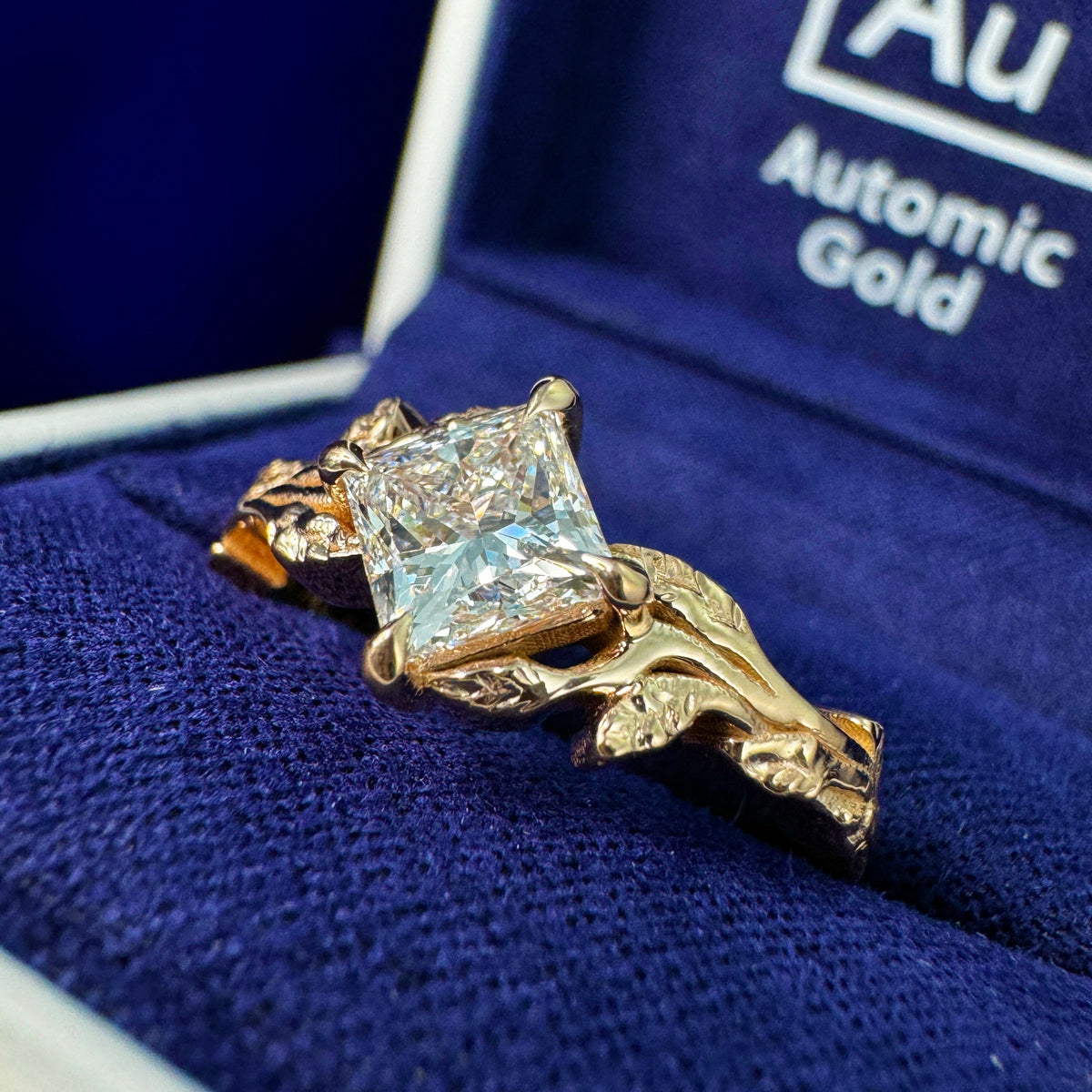 14k Rose Gold Claw-prongs-set 1.03ct D/VS 5.5mm Princess Lab Diamond on Leaves Band Custom Ring