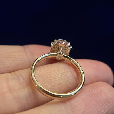 14k Yellow Gold and Low 6 Petal Prongs Set 3.08ct Oval Lab Diamond with Hidden Halo of Purple Lab Diamonds on 2.5mm Curvy Mirror Band Custom Ring, size 6.5