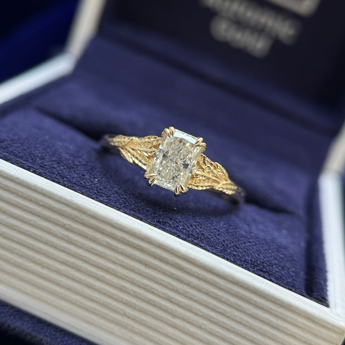 14k Yellow Gold Prongs-set 0.8ct Radiant Lab Diamond on Tapered Leaves Band Custom Ring, Size 6.25