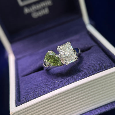14k White Gold & 1.5ct Radiant & 1.03ct Pear Green Lab Diamonds Low-prongs-set on 3mm Curvy Mirror Band Custom Ring in a ring box