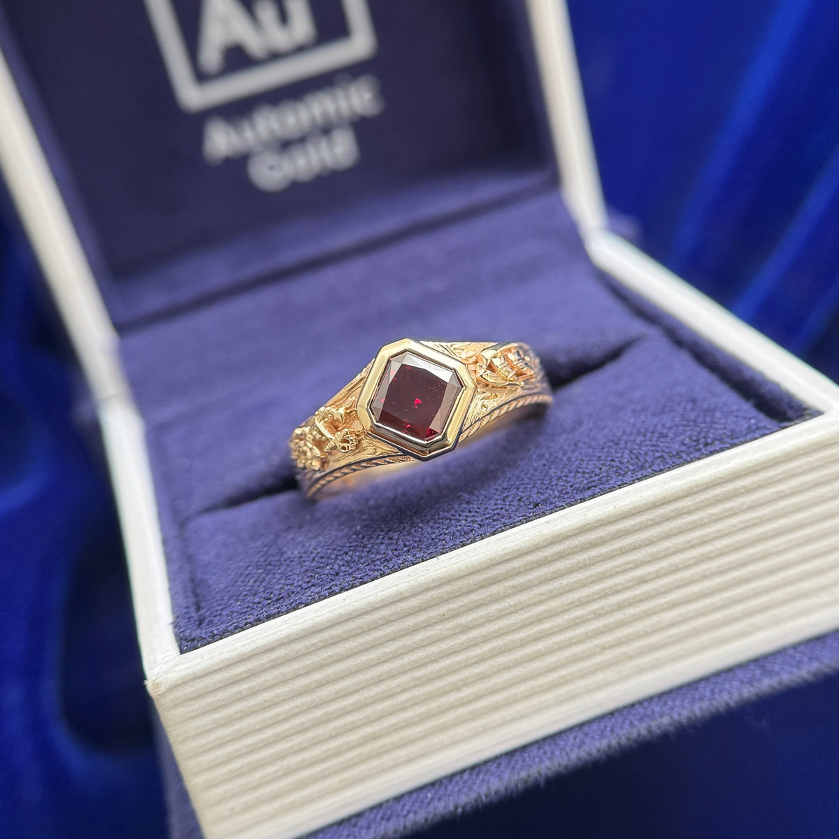 14k Yellow Gold and 1ct Red Asscher Lab Diamond on Tapered Band Ship, Waves, Anchor, Flower, Rope Engraved inside and outside Custom Ring, size 5.85