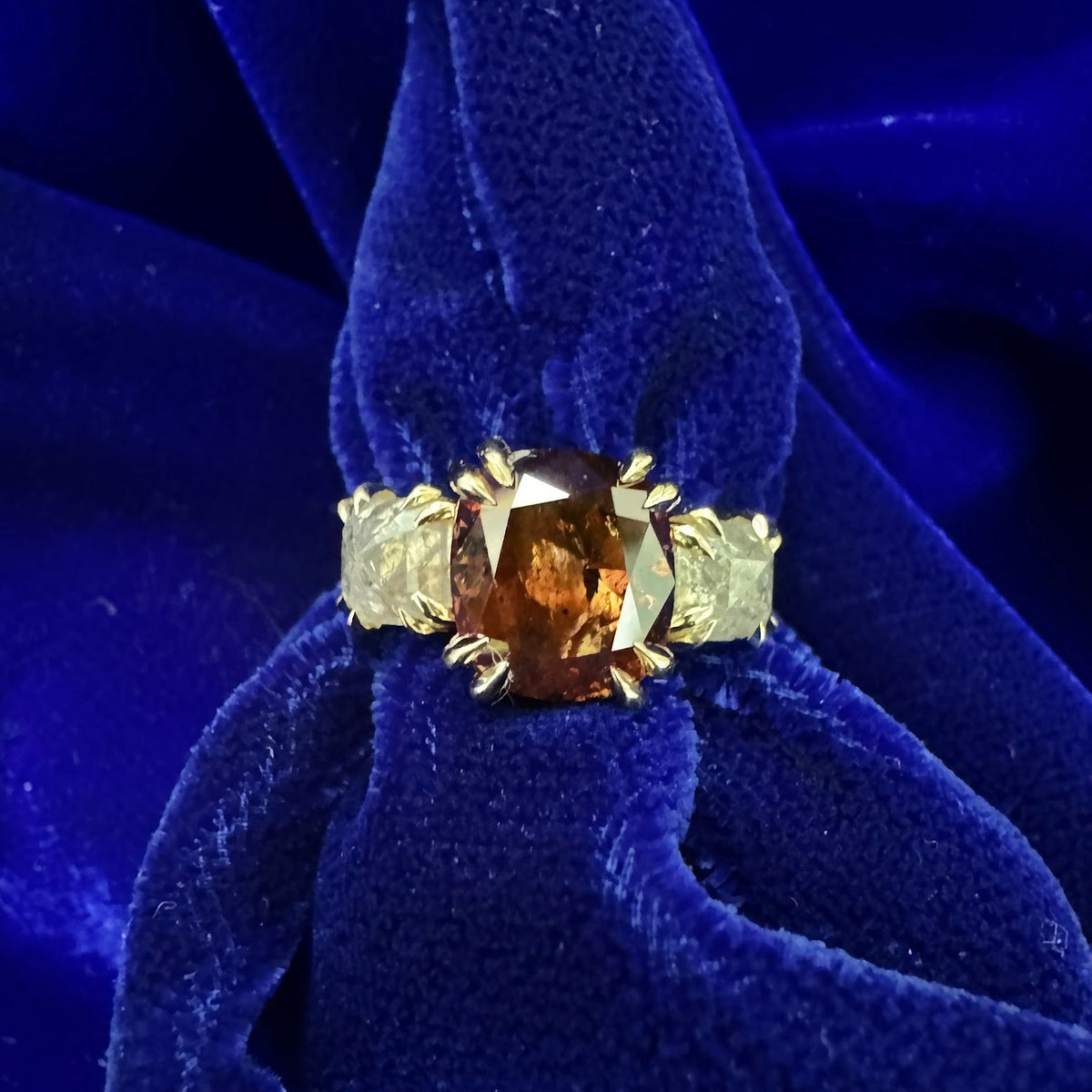14k Yellow Gold Double Claw Prong Brown Cushion Cut Diamond with Salt and Pepper Diamonds Tapered Band with Lines Custom Engagement Ring