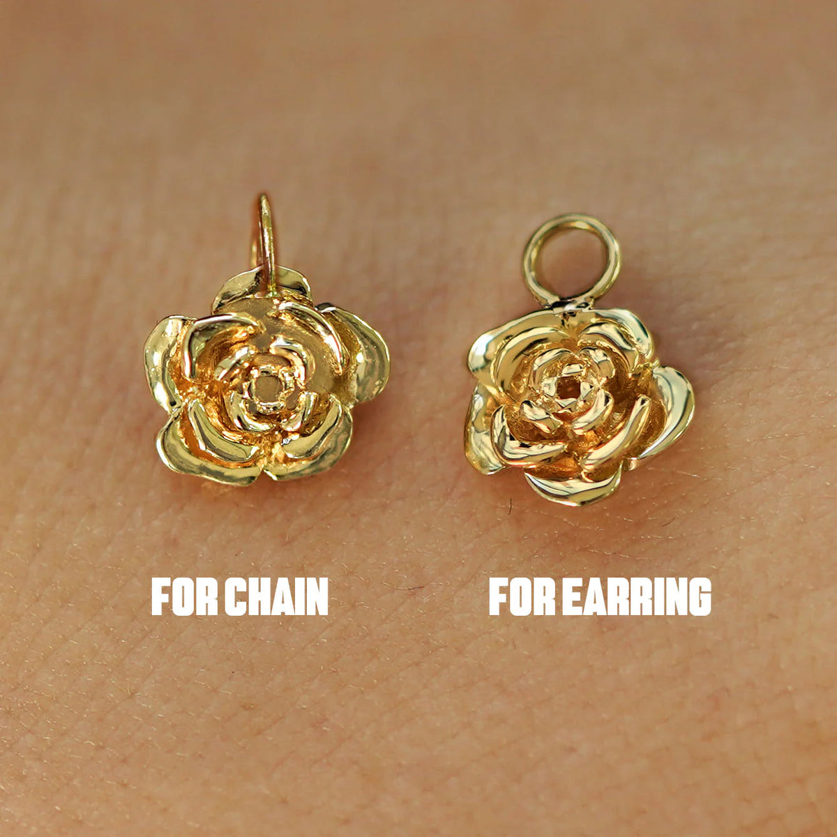 Two 14 karat solid gold Rose Charms shown in the For Chain and For Earring options