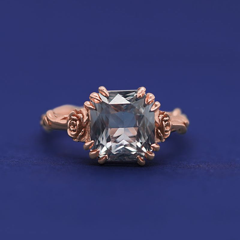 14k Rose Gold Triple Claw Prongs with Roses and Square Radiant Cut Gray Sapphire Custom Ring