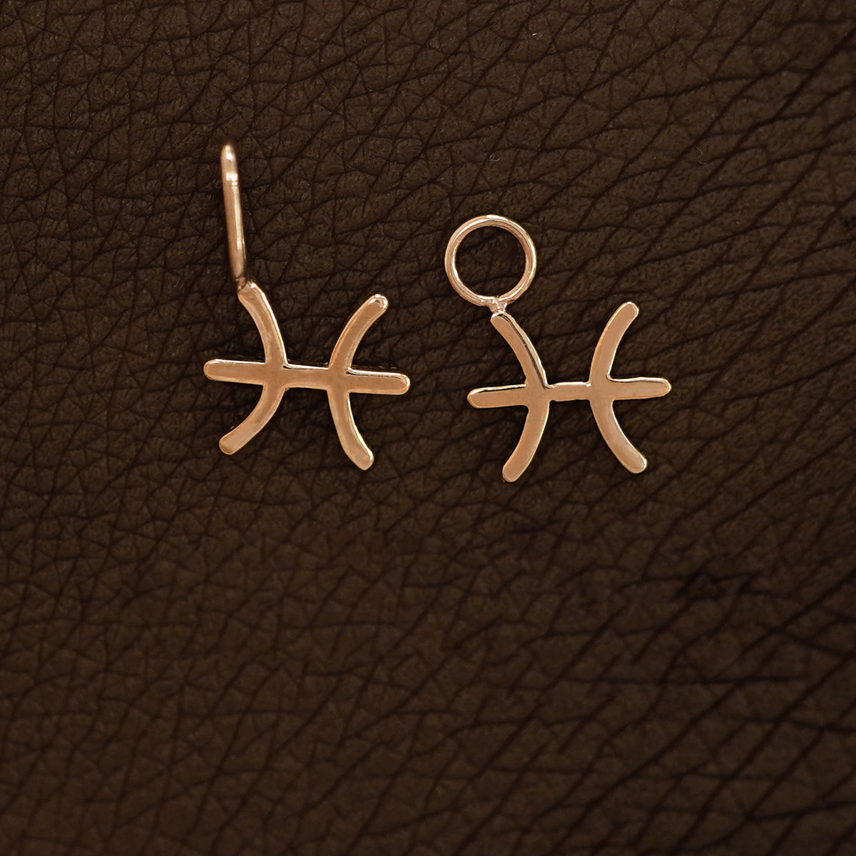 Two 14 karat Rose solid gold Pisces Horoscope Charms shown in the For Chain and For Earring options