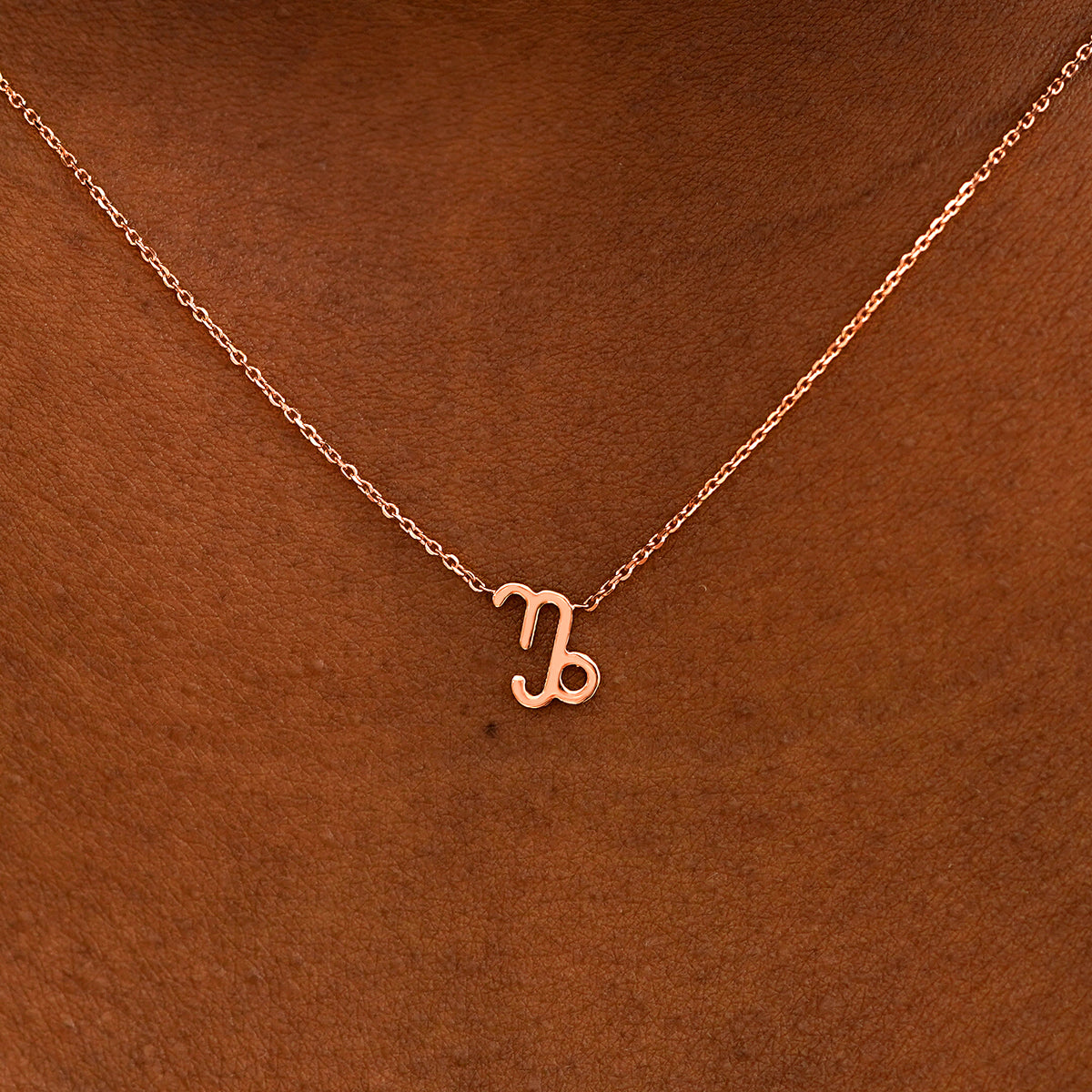 Close up view of a model's neck wearing a solid 14k rose gold Capricorn Horoscope Necklace