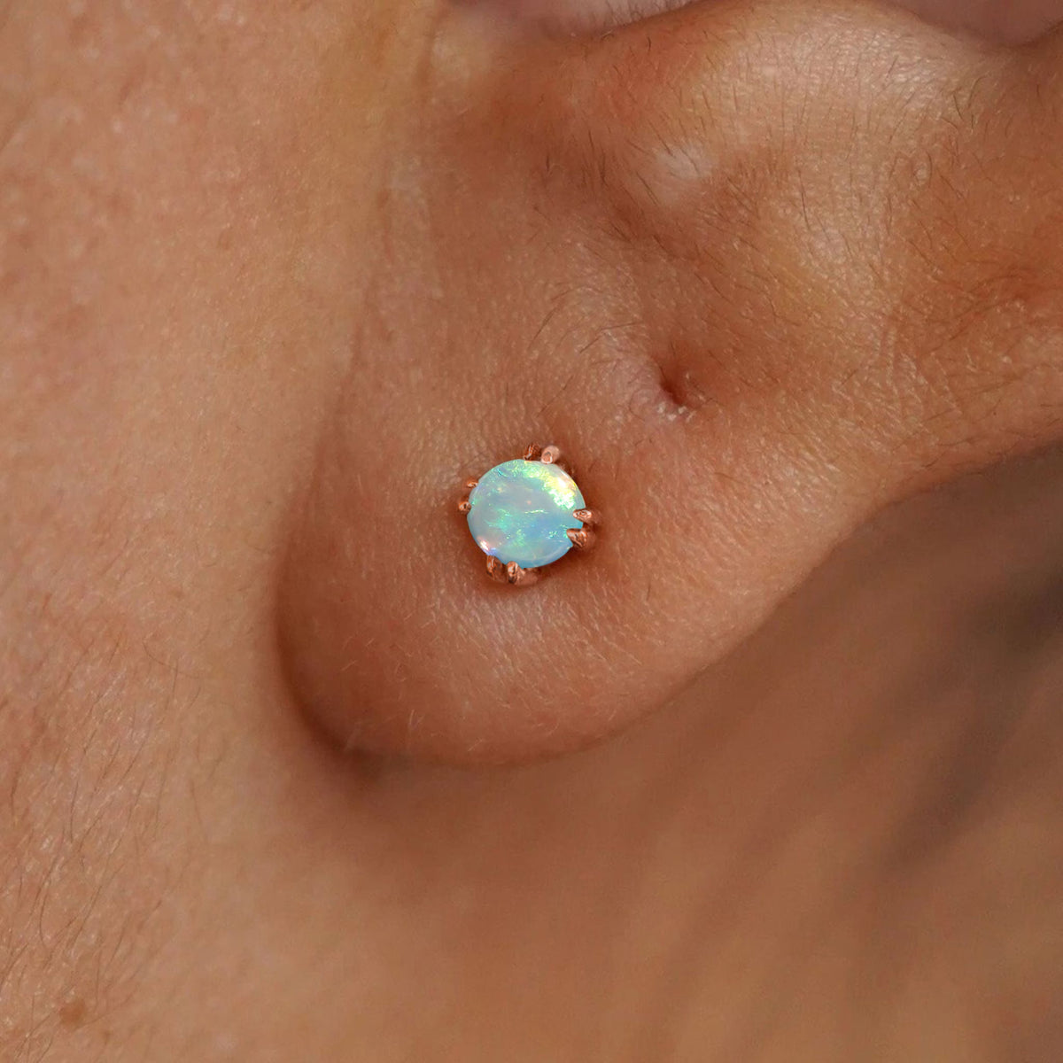 Close up view of a model's ear wearing a 14k rose gold Opal Earring