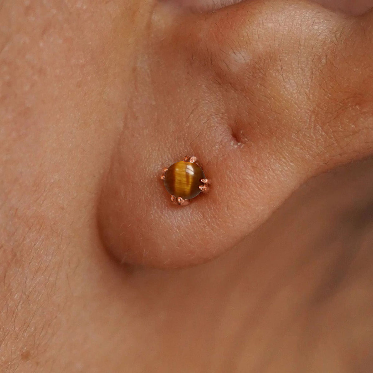 Close up view of a model's ear wearing a 14k rose gold Tiger Eye Earring