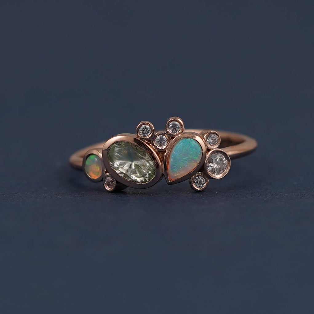 14k Rose Gold and Bezel set Cluster of Diamonds Opals and Green Sapphire Custom Ring