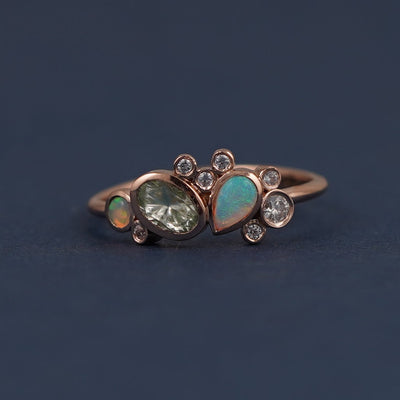 14k Rose Gold and Bezel set Cluster of Diamonds Opals and Green Sapphire Custom Ring