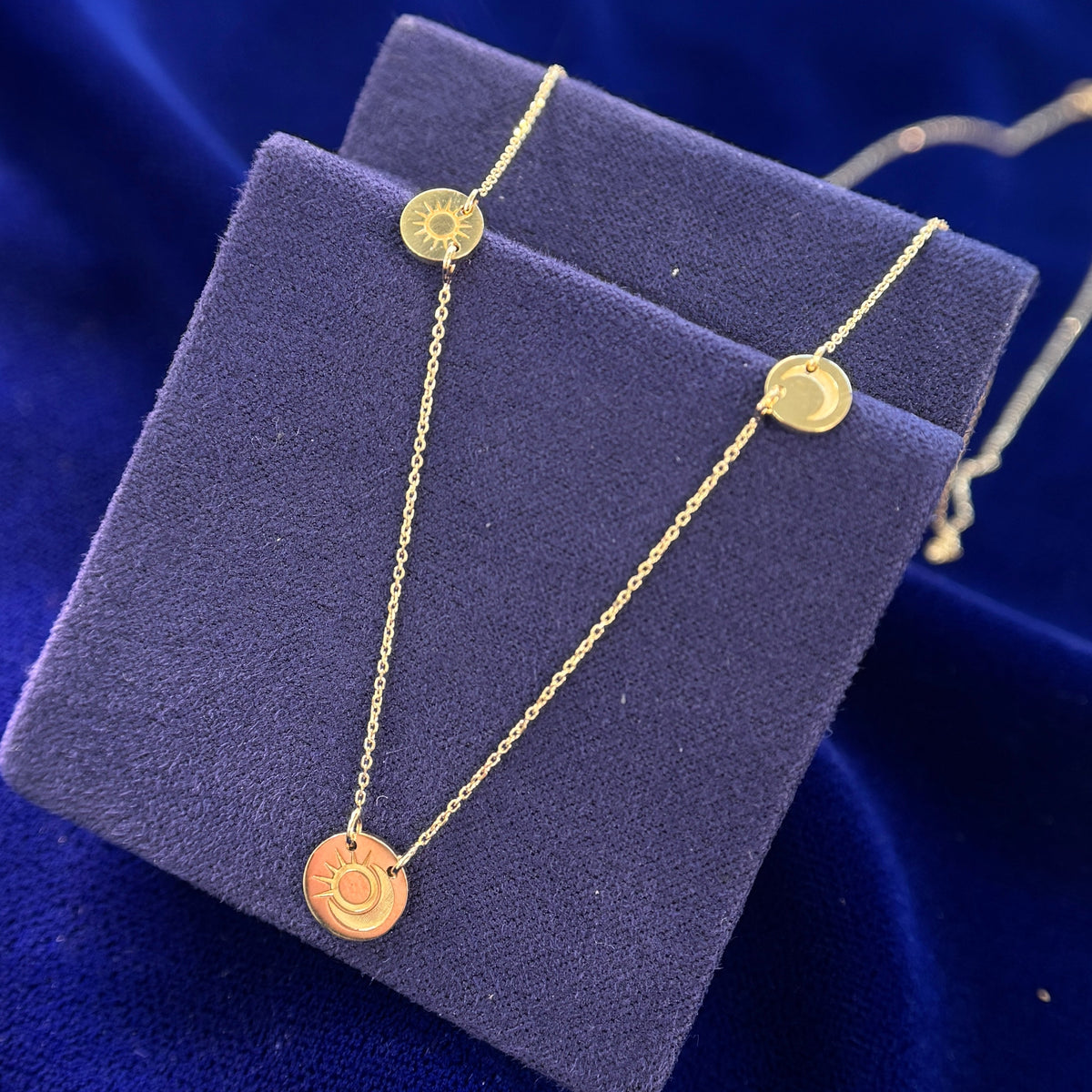 14k Yellow Gold and 8mm Round Disk engraved with Sun and Moon and 6mm Disk with Moon & 6mm Disk with Sun on 18inch Cable Chain
