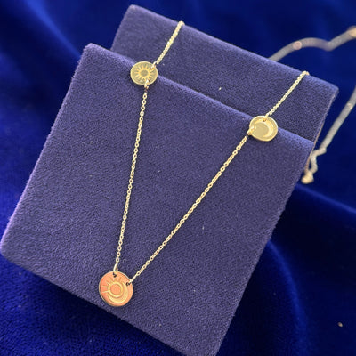 14k Yellow Gold and 8mm Round Disk engraved with Sun and Moon and 6mm Disk with Moon & 6mm Disk with Sun on 18inch Cable Chain