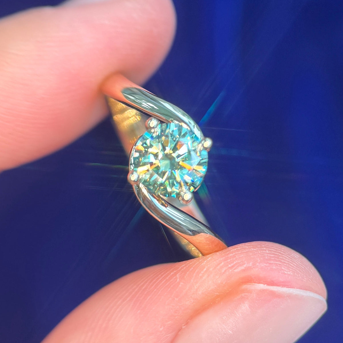 14k Yellow Gold with Prongs-set 6mm Round Green Moissanite on Bypass Custom Ring, size 7.75