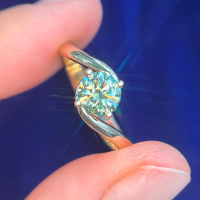 14k Yellow Gold with Prongs-set 6mm Round Green Moissanite on Bypass Custom Ring, size 7.75