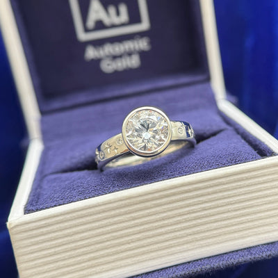 950 Platinum Bezel-set 2ct Round Lab Diamond on Chunky Stars and Diamonds Band Custom Ring, Size 6.5
