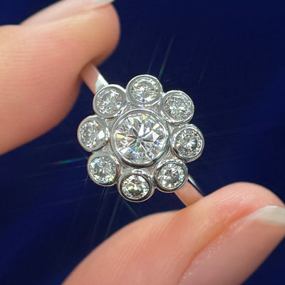 14k White Gold with Bezel-set 1.30ctw 3mm and 5mm Round Lab Diamonds Flower Custom Ring, size 7