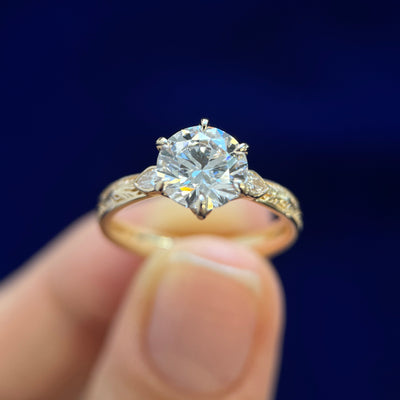14k Yellow Gold Low-petal-set 2ct Round Lab Diamond with 2pc 3x2mm Pear Lab Diamonds on Leaf Engraved Mirror Band Custom Ring, size 6