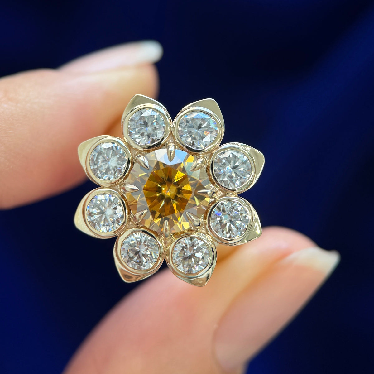 14k Yellow Gold with 5mm and 8mm Round Moissanites Flower on Thick Band Custom Ring, 12 gram, size 4.75