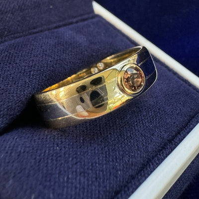 14k Yellow Gold Bezel-set Custom-cut (from 0.59ct 4.5mm Princess) Round Sapphire on Mirror-finish Band w/ White Gold Inlay & Interior Mountain Engravings w/ 2pc Round Diamonds Custom Ring, size 9.5