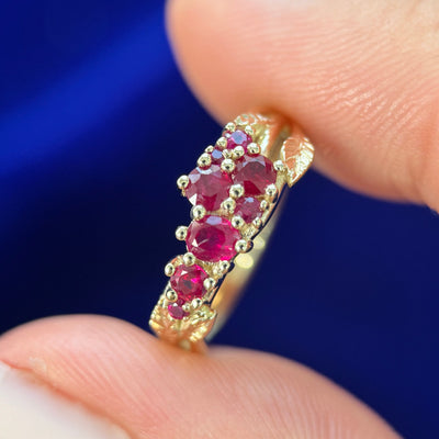 14k Yellow Gold & 0.42ct Rubies Cluster with Leaves and Vines Custom Ring, size 5