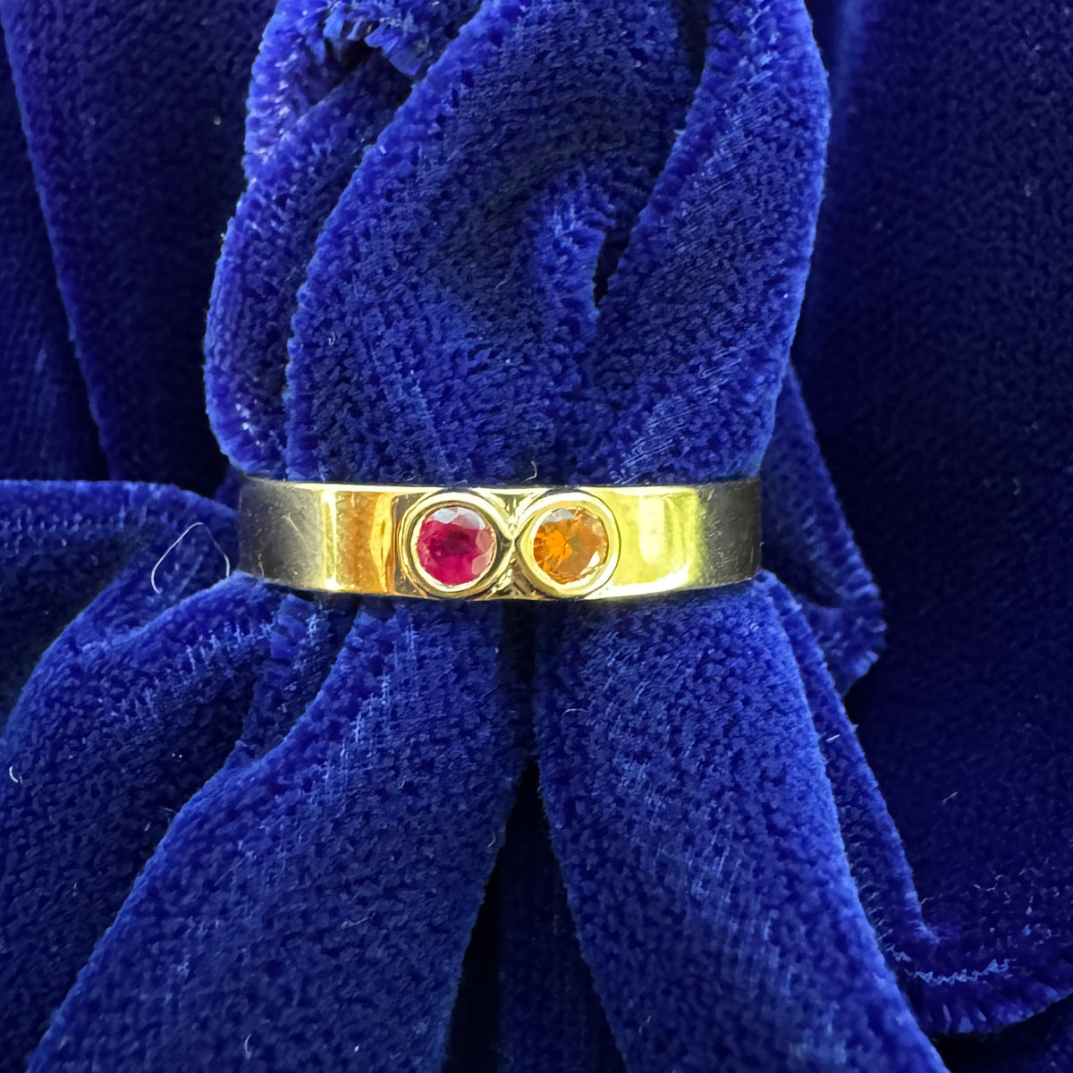14k Yellow Gold Bezel-set 3mm Ruby and Yellow-orange Sapphire on 4mm Industrial Mirror Band Custom Ring