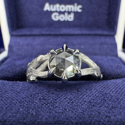 950 Platinum 6-Claw-prongs-set Branches w/ 1.09ct 6.0mm Salt-and-pepper Diamond Branches Band Custom Engagement Ring, size 5.5