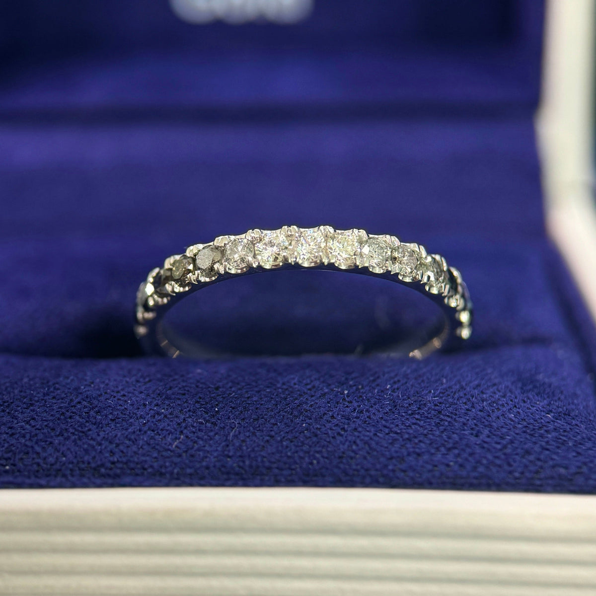 14k White Gold & 2mm White, Salt-and-pepper and Black Diamonds Prongs-set Half-way Around 2.4mm Band Custom Ring