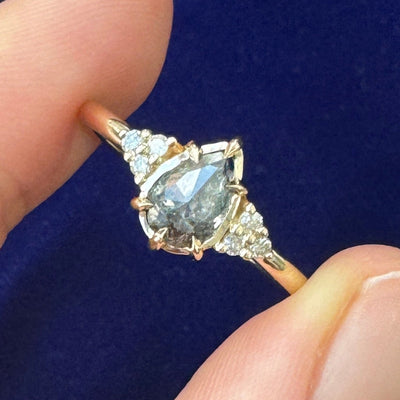 14k Yellow Gold & 1.0ct Pear Salt & Pepper Diamond with Cluster of Customer's Diamonds Custom Engagement Ring, size 8