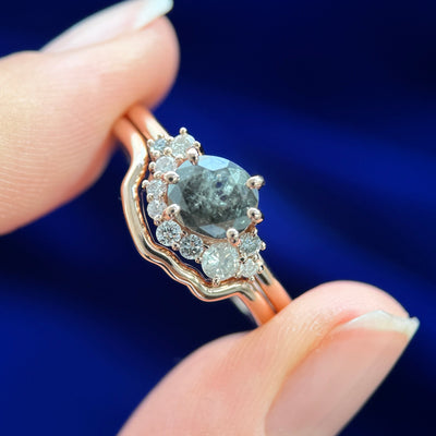 Sapphire and Diamond Cluster Ring with Band 14k Rose Gold, Both Rings in Size 9.75