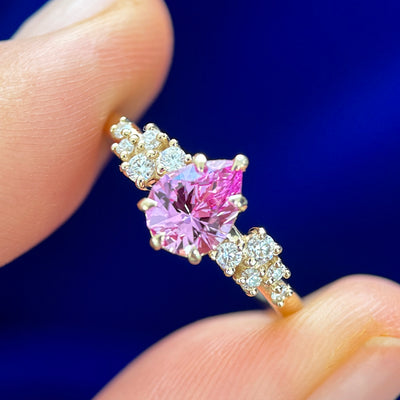 14k Yellow Gold with Customer's Sapphire and Round Moissanites on Thin Band Custom Ring, size 5.5