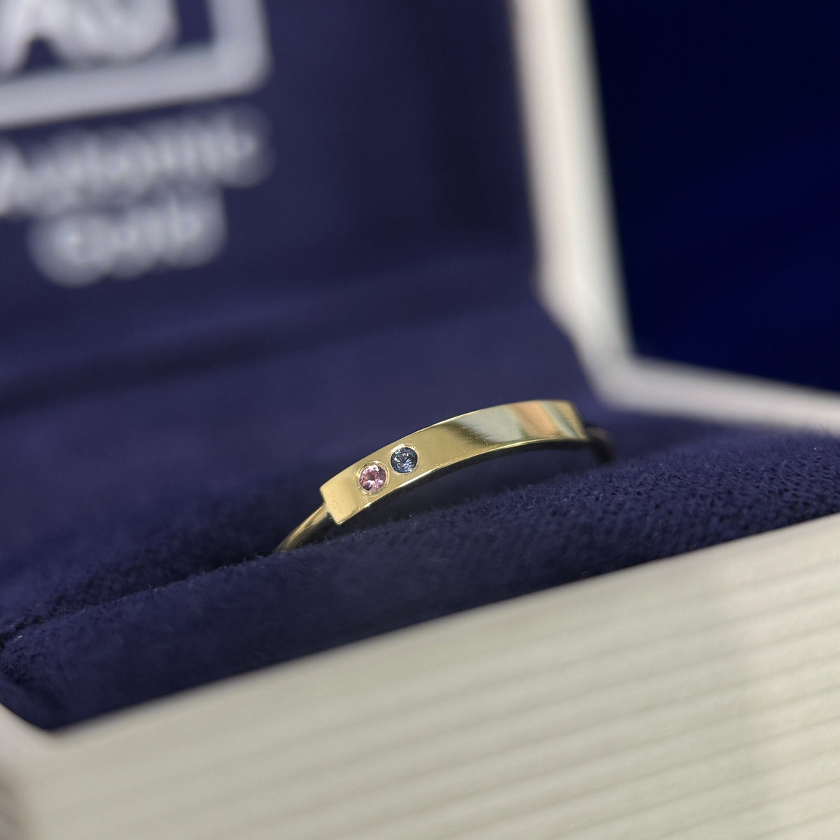 14k Yellow Gold Custom Gemstone Bar Ring w/ Pink & Light Blue Sapphires next to each other