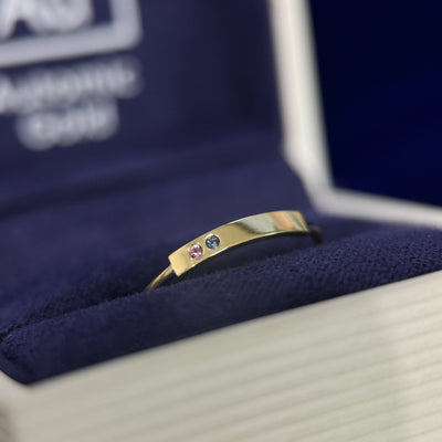 14k Yellow Gold Custom Gemstone Bar Ring w/ Pink & Light Blue Sapphires next to each other