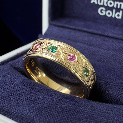 14k Yellow Gold & 2mm 2 Light Green and 2 Pink Sapphires, 1 Emerald on 6mm Flowers Milgrain Pattern Band Copy Custom Ring, size 5.5