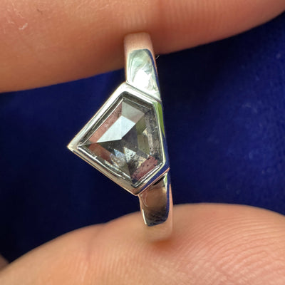 Model holding 14k White Gold Bezel-set 0.82ct Shield Salt and Pepper Diamond on Mix Mirror Band, Size 8